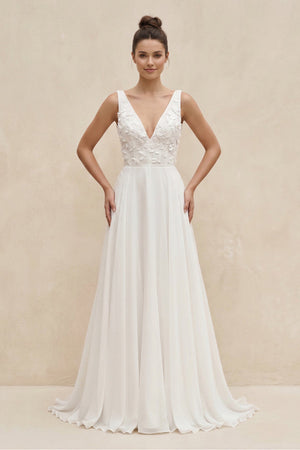 V - Neck Chiffon A - Line Appliqued Wedding Dress in White - SHE IS ME Wedding Dresses