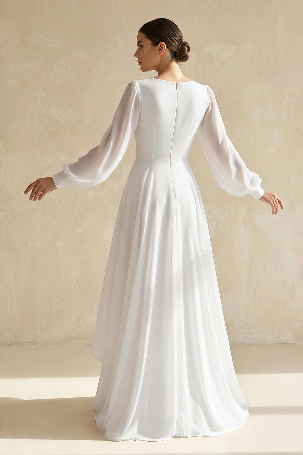 V - Neck Chiffon A - Line Asymmetrical Wedding Dress in White - SHE IS ME Wedding Dresses