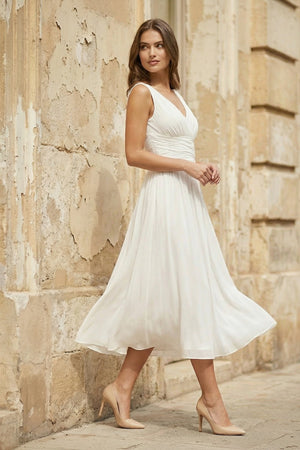 V - Neck Chiffon A - Line Midi Wedding Dress in White - SHE IS ME Wedding Dresses