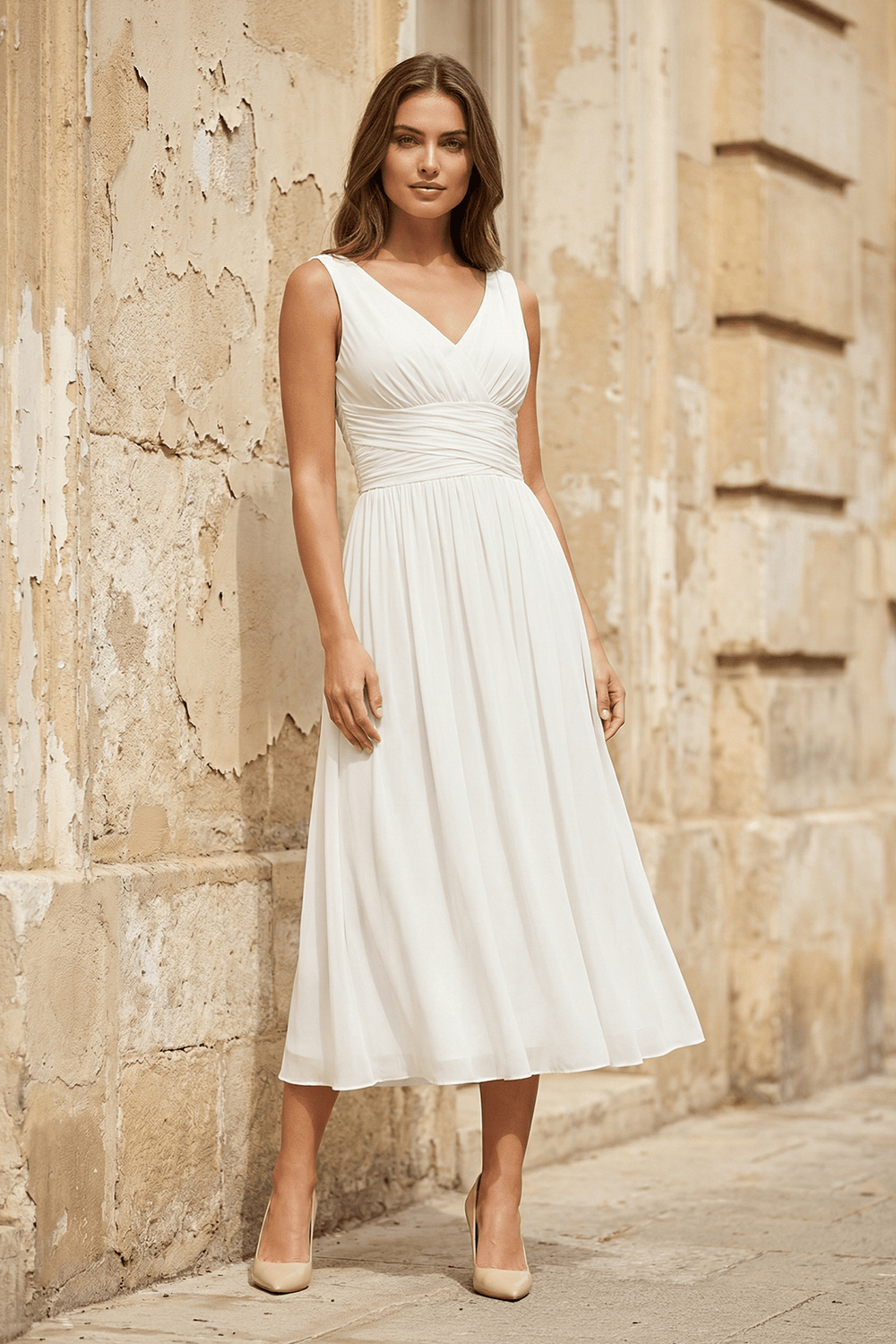 V - Neck Chiffon A - Line Midi Wedding Dress in White - SHE IS ME Wedding Dresses