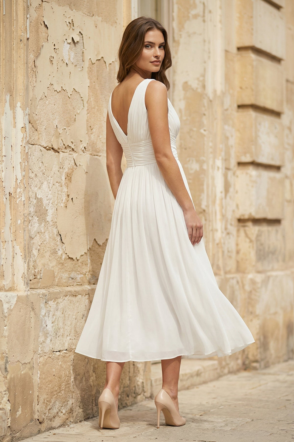 V - Neck Chiffon A - Line Midi Wedding Dress in White - SHE IS ME Wedding Dresses