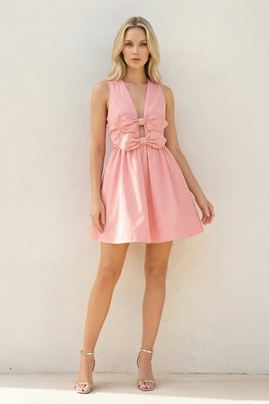 V Neck Cutout Mini Dress With Bow in Pink - SHE IS ME