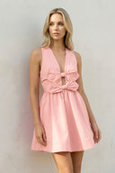 V Neck Cutout Mini Dress With Bow in Pink - SHE IS ME