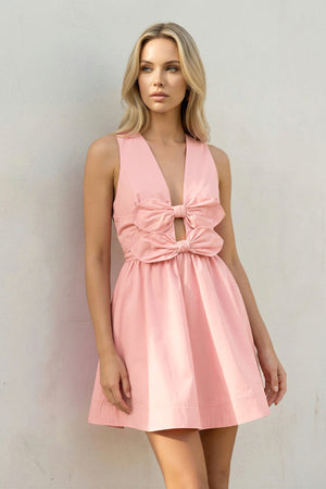 V Neck Cutout Mini Dress With Bow in Pink - SHE IS ME