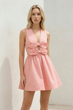 V Neck Cutout Mini Dress With Bow in Pink - SHE IS ME