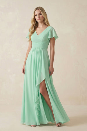 V-Neck Flutter Sleeve A-Line Chiffon Bridesmaid Dress in Pale Pistachio - SHE IS ME BRIDESMAID DRESSES
