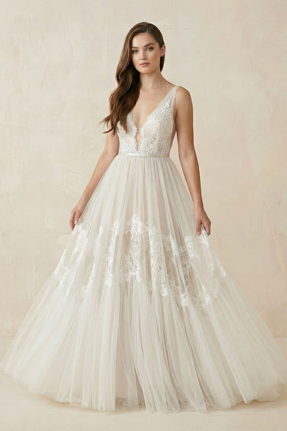 V - Neck Lace A - Line Tulle Wedding Dress in White - Nude - SHE IS ME Wedding Dresses