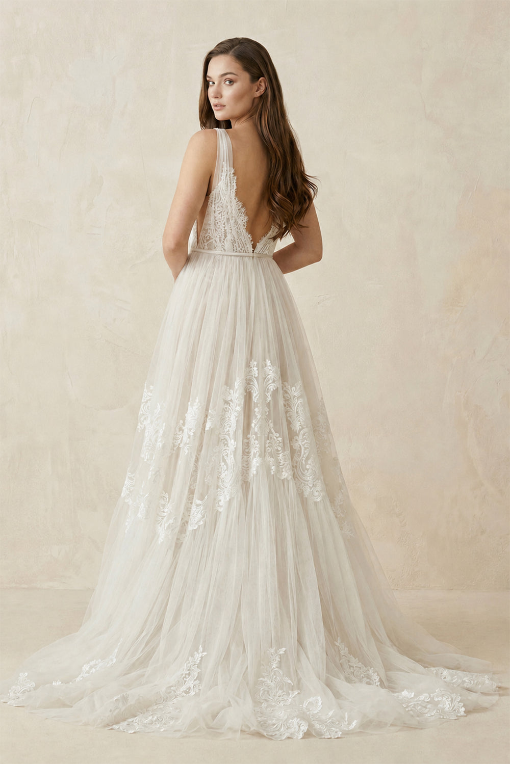 V - Neck Lace A - Line Tulle Wedding Dress in White - Nude - SHE IS ME Wedding Dresses