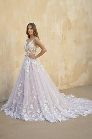 V Neck Lace Ball Gown Wedding Dress in Lavender - SHE IS ME Wedding Dresses