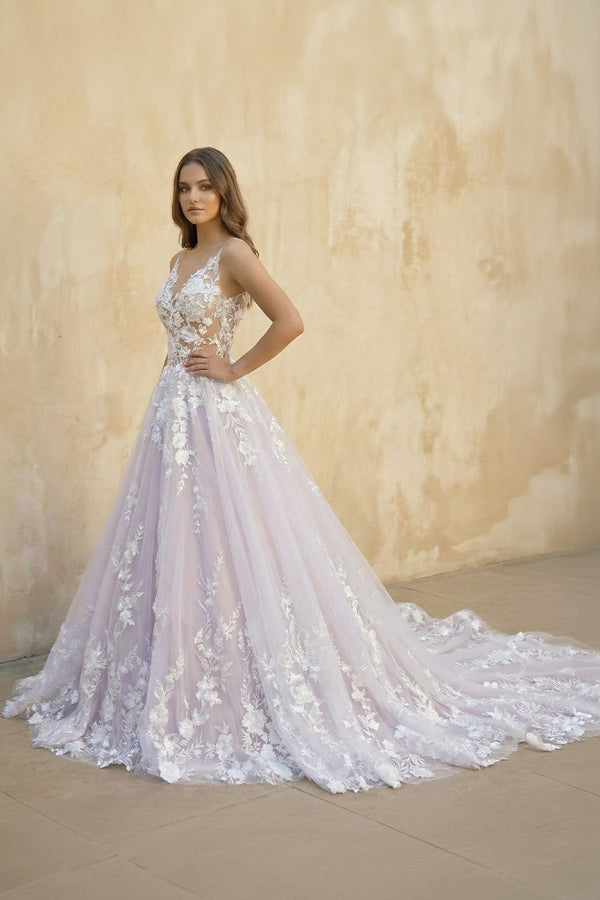 V Neck Lace Ball Gown Wedding Dress in Lavender - SHE IS ME Wedding Dresses