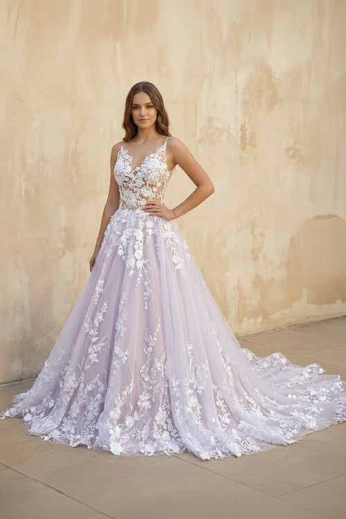 V Neck Lace Ball Gown Wedding Dress in Lavender - SHE IS ME Wedding Dresses