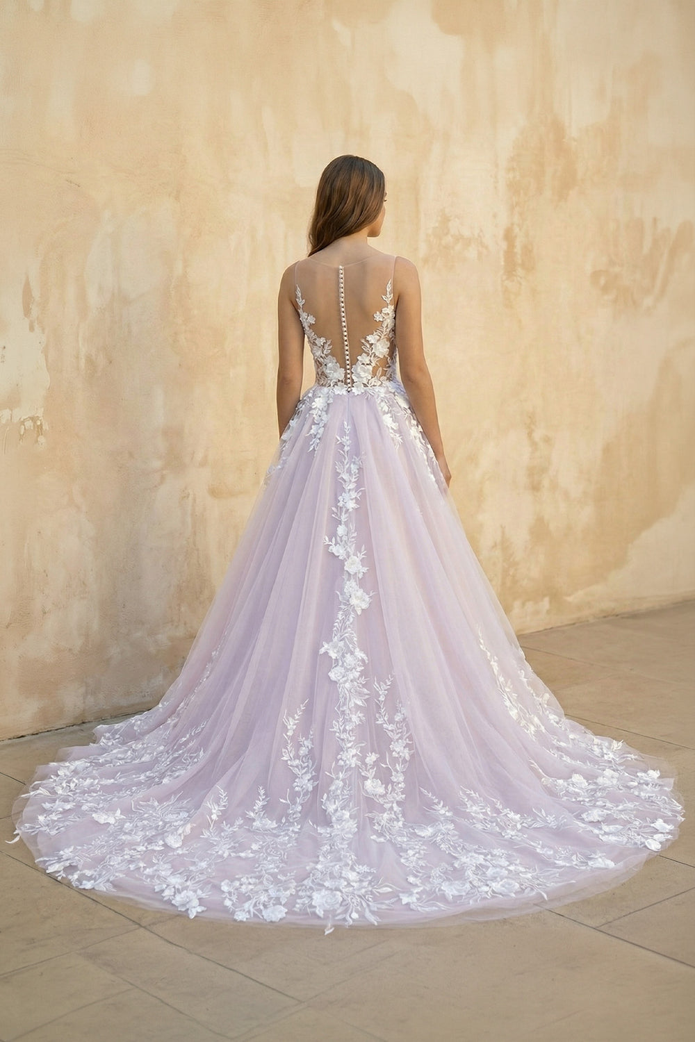 V Neck Lace Ball Gown Wedding Dress in Lavender - SHE IS ME WEDDING DRESSES