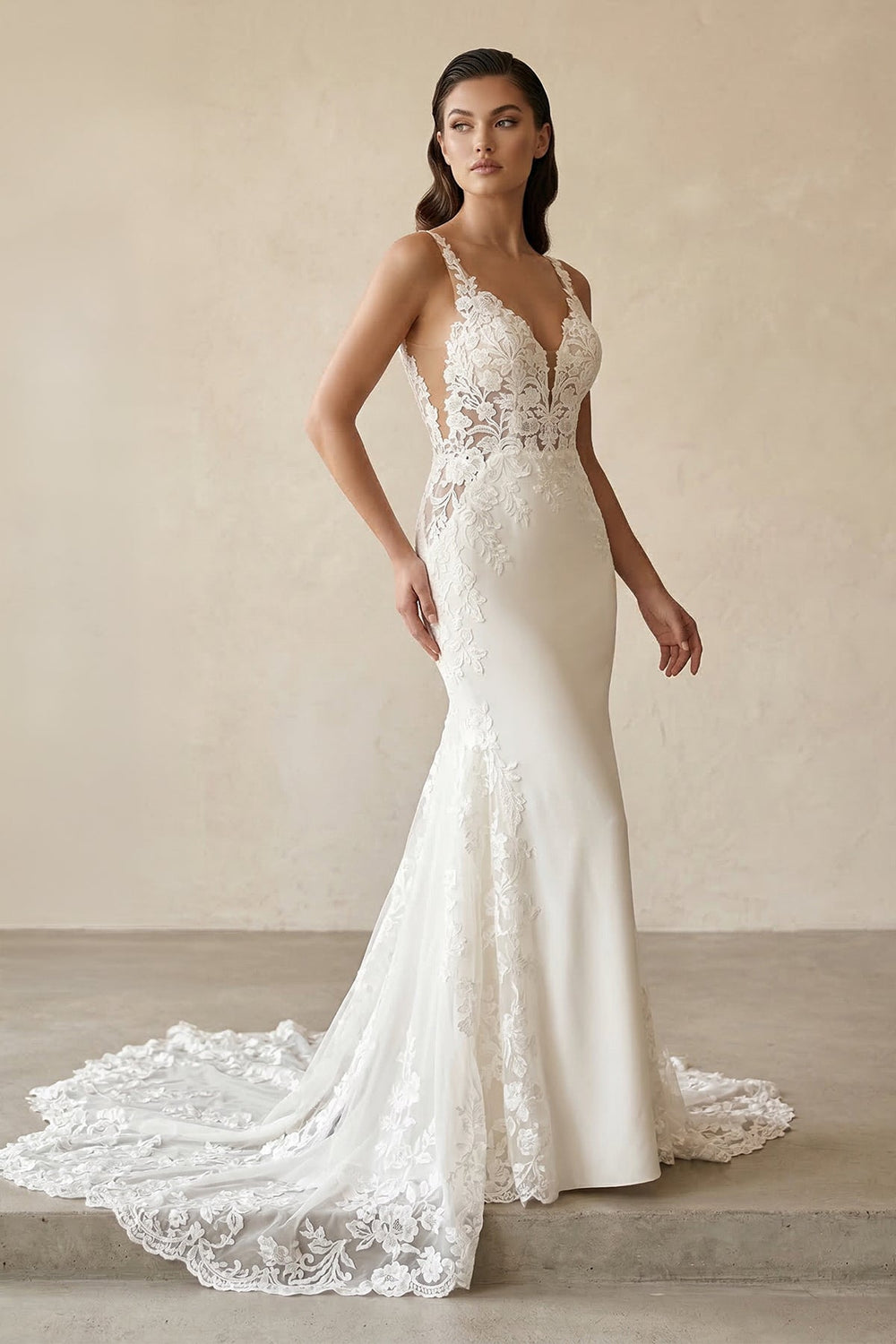V - Neck Lace Mermaid Appliqued Wedding Dress in White - SHE IS ME Wedding Dresses