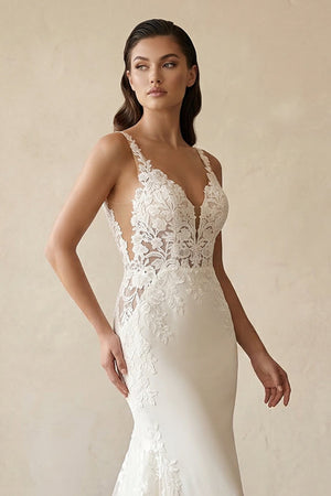 V - Neck Lace Mermaid Appliqued Wedding Dress in White - SHE IS ME Wedding Dresses