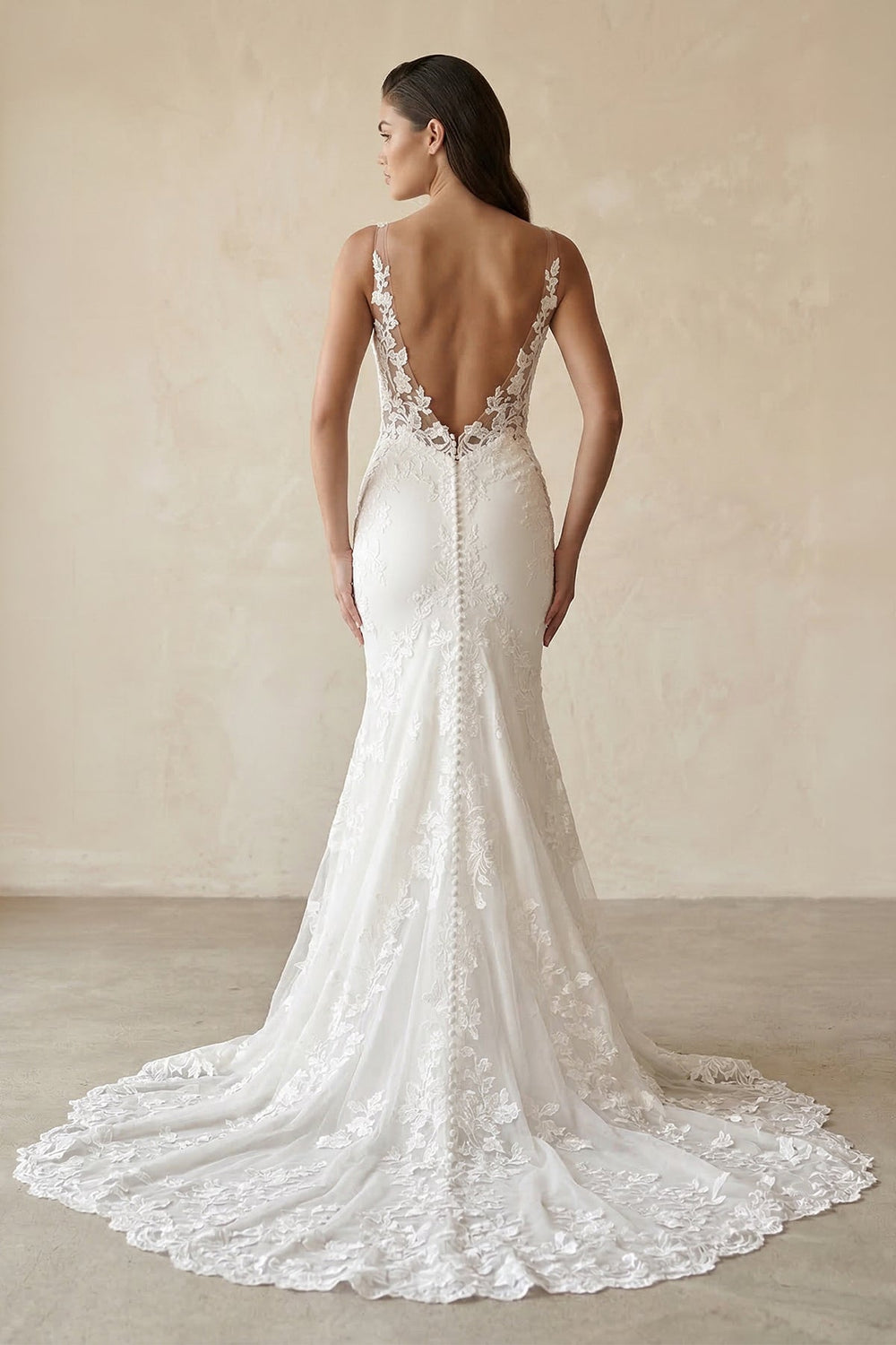 V - Neck Lace Mermaid Appliqued Wedding Dress in White - SHE IS ME Wedding Dresses