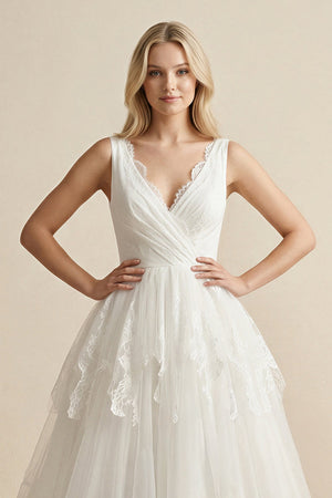 V - Neck Lace Tulle Ruched Wedding Dress in Ivory - SHE IS ME Wedding Dresses