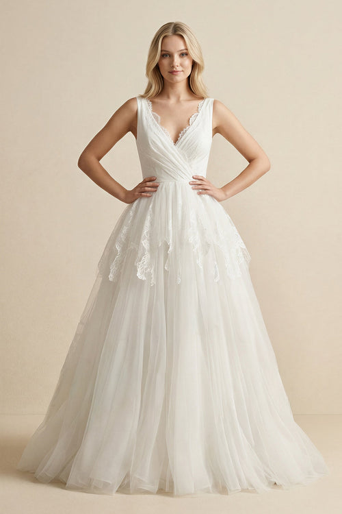 V - Neck Lace Tulle Ruched Wedding Dress in Ivory - SHE IS ME Wedding Dresses