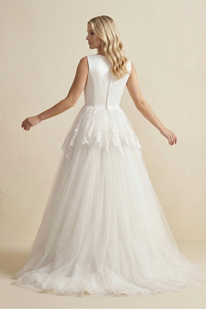 V - Neck Lace Tulle Ruched Wedding Dress in Ivory - SHE IS ME Wedding Dresses