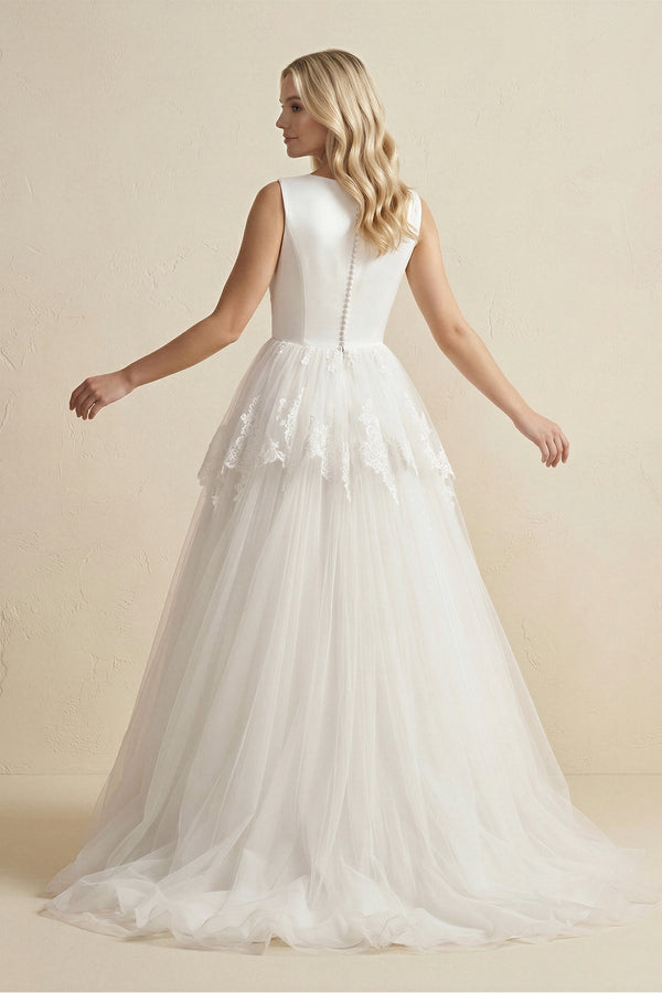 V - Neck Lace Tulle Ruched Wedding Dress in Ivory - SHE IS ME Wedding Dresses