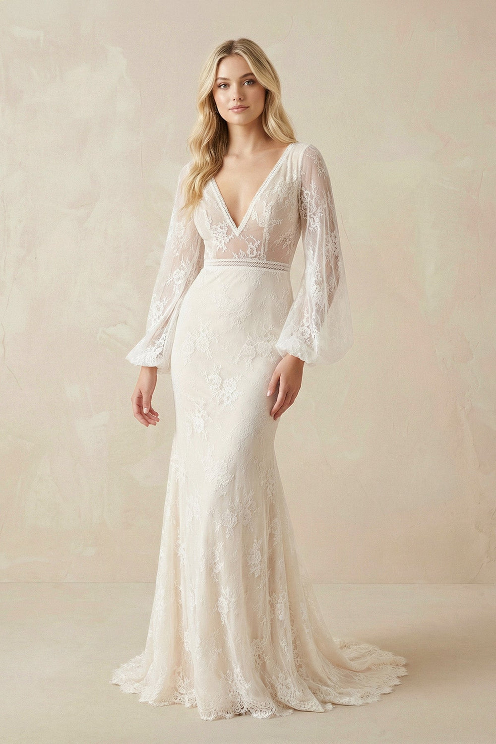 V - Neck Long Sleeve Mermaid Backless Lace Wedding Dresses - SHE IS ME Wedding Dresses