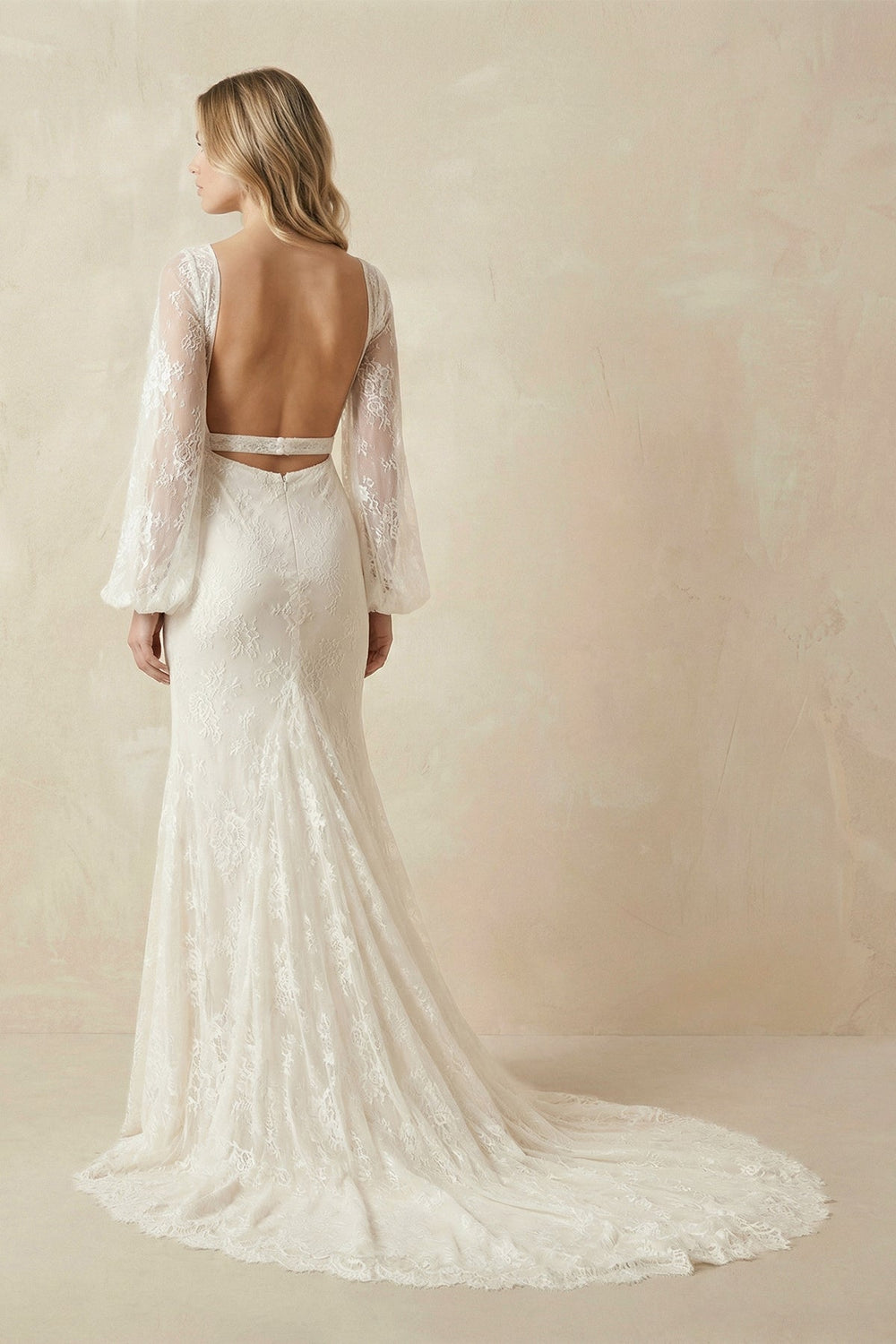 V - Neck Long Sleeve Mermaid Backless Lace Wedding Dresses - SHE IS ME Wedding Dresses