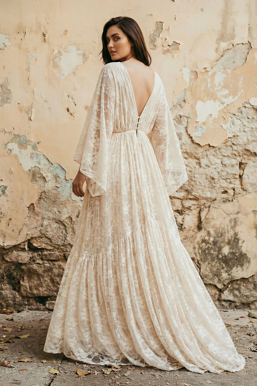 V Neck Long Sleeves Lace Wedding Dress - SHE IS ME Wedding Dresses