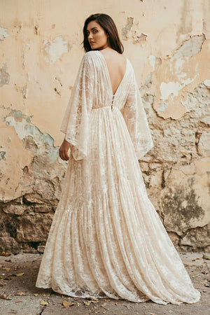 V Neck Long Sleeves Lace Wedding Dress - SHE IS ME Wedding Dresses