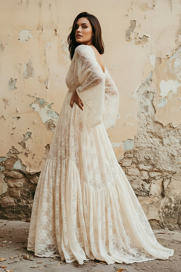 V Neck Long Sleeves Lace Wedding Dress - SHE IS ME Wedding Dresses