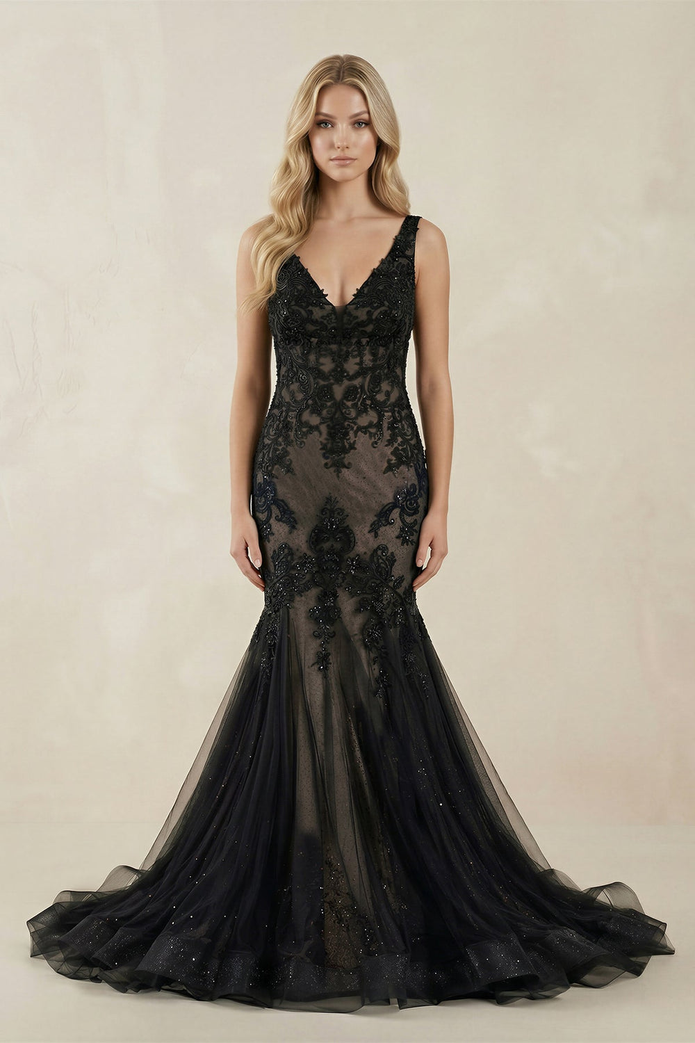 V - Neck Mermaid Appliqued Tulle Wedding Dress in Black - SHE IS ME Wedding Dresses