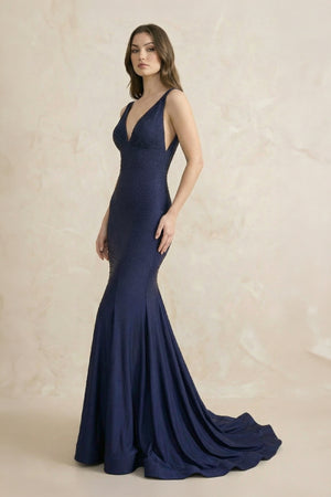 V Neck Mermaid Beaded Maxi Dress in Navy - SHE IS ME PROM DRESSES