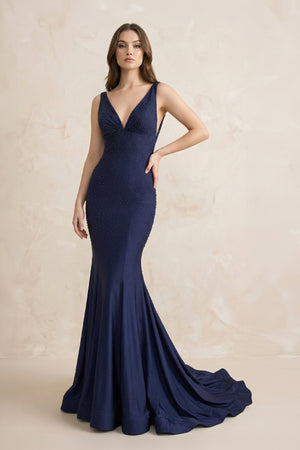 V Neck Mermaid Beaded Maxi Dress in Navy - SHE IS ME PROM DRESSES