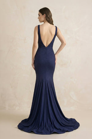 V Neck Mermaid Beaded Maxi Dress in Navy - SHE IS ME PROM DRESSES