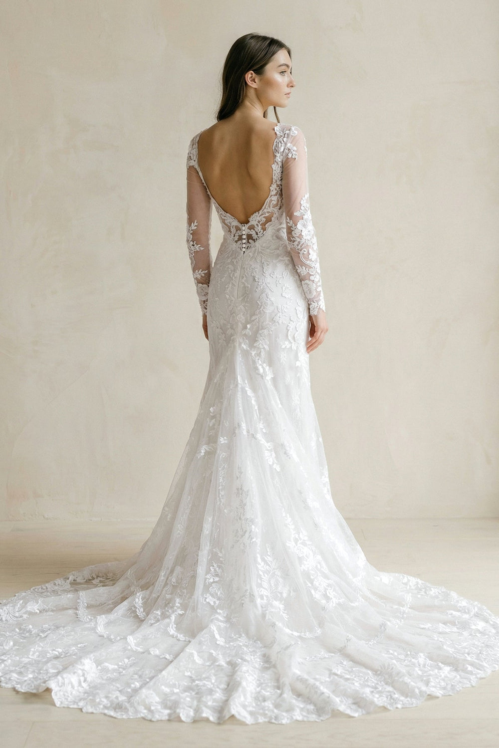 V - Neck Mermaid Lace Appliqued Wedding Dress in White - SHE IS ME Wedding Dresses