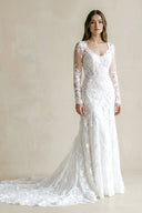 V - Neck Mermaid Lace Appliqued Wedding Dress in White - SHE IS ME Wedding Dresses