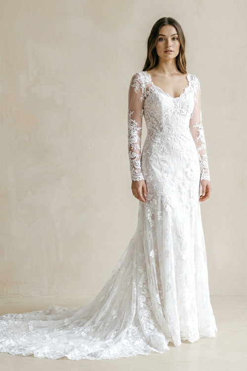 V - Neck Mermaid Lace Appliqued Wedding Dress in White - SHE IS ME Wedding Dresses