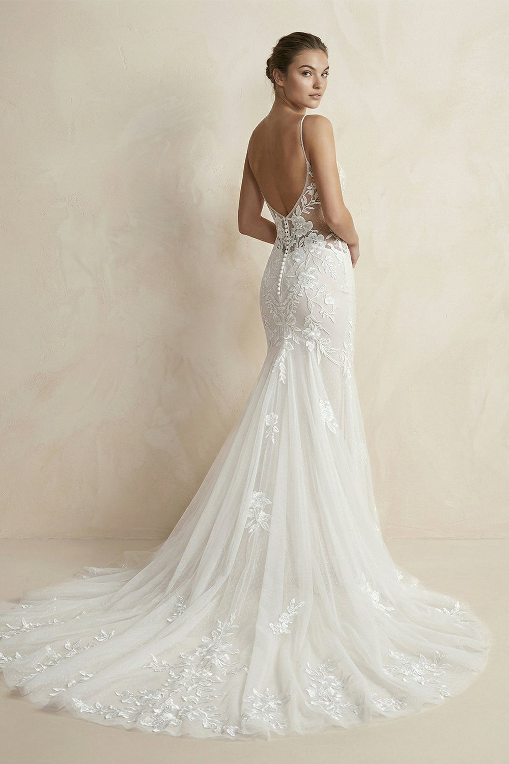V Neck Mermaid Lace Appliqued Wedding Dress in White - SHE IS ME Wedding Dresses