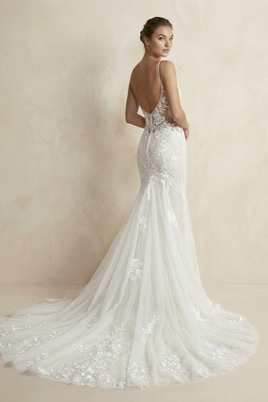 V Neck Mermaid Lace Appliqued Wedding Dress in White - SHE IS ME Wedding Dresses