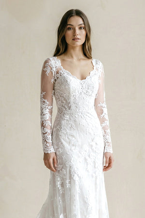 V - Neck Mermaid Lace Appliqued Wedding Dress in White - SHE IS ME Wedding Dresses