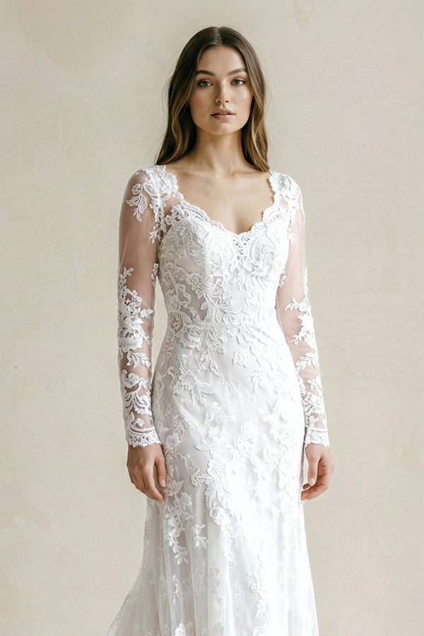 V - Neck Mermaid Lace Appliqued Wedding Dress in White - SHE IS ME Wedding Dresses