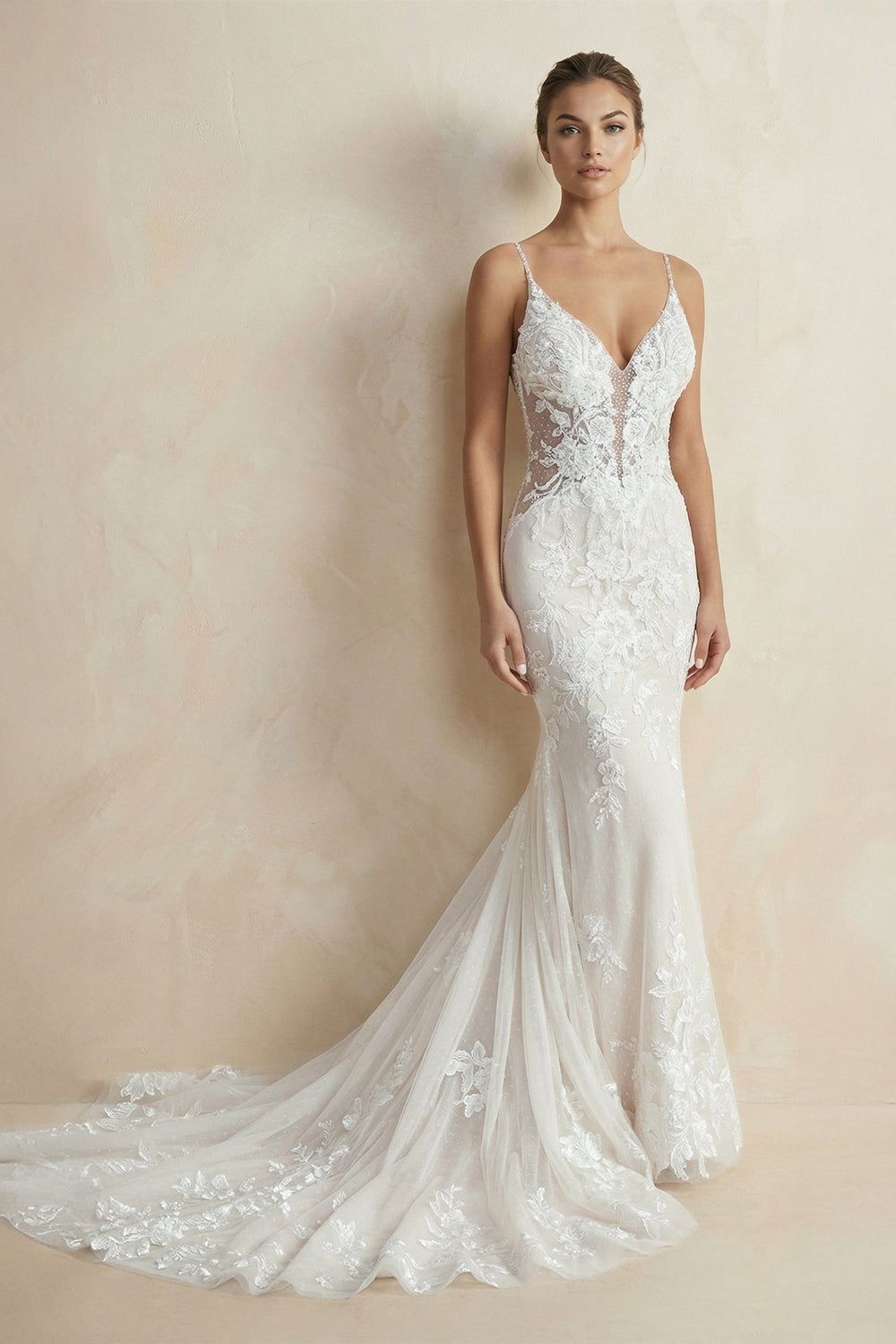 V Neck Mermaid Lace Appliqued Wedding Dress in White - SHE IS ME Wedding Dresses