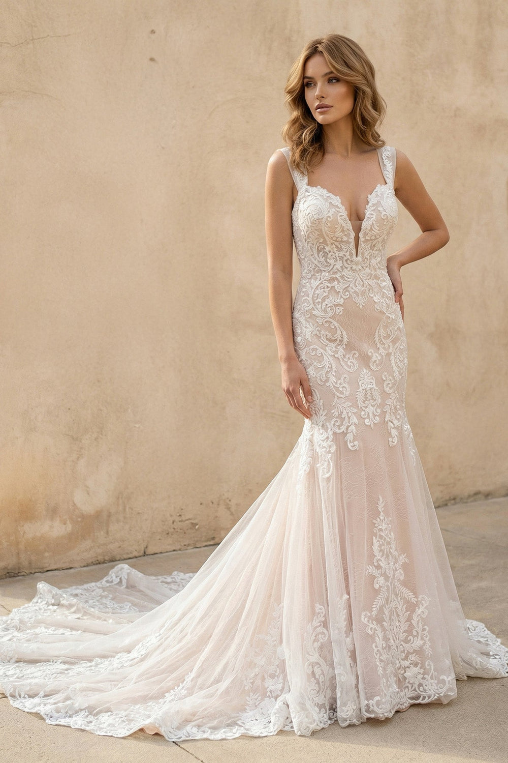 V Neck Mermaid Lace Wedding Dress - SHE IS ME Wedding Dresses
