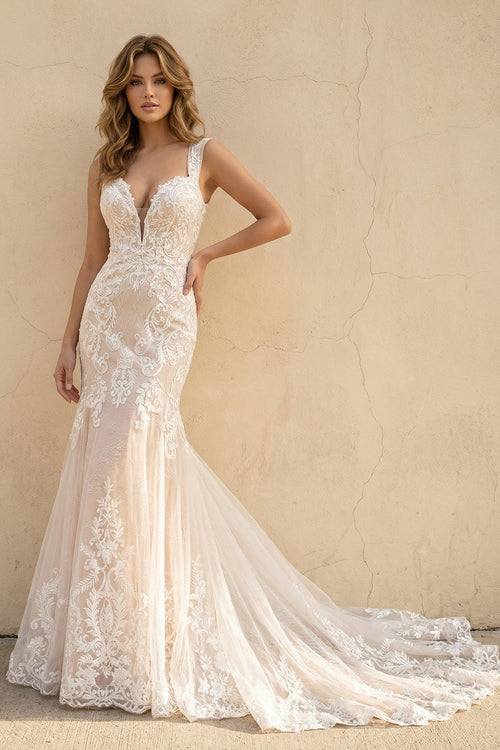 V Neck Mermaid Lace Wedding Dress - SHE IS ME Wedding Dresses