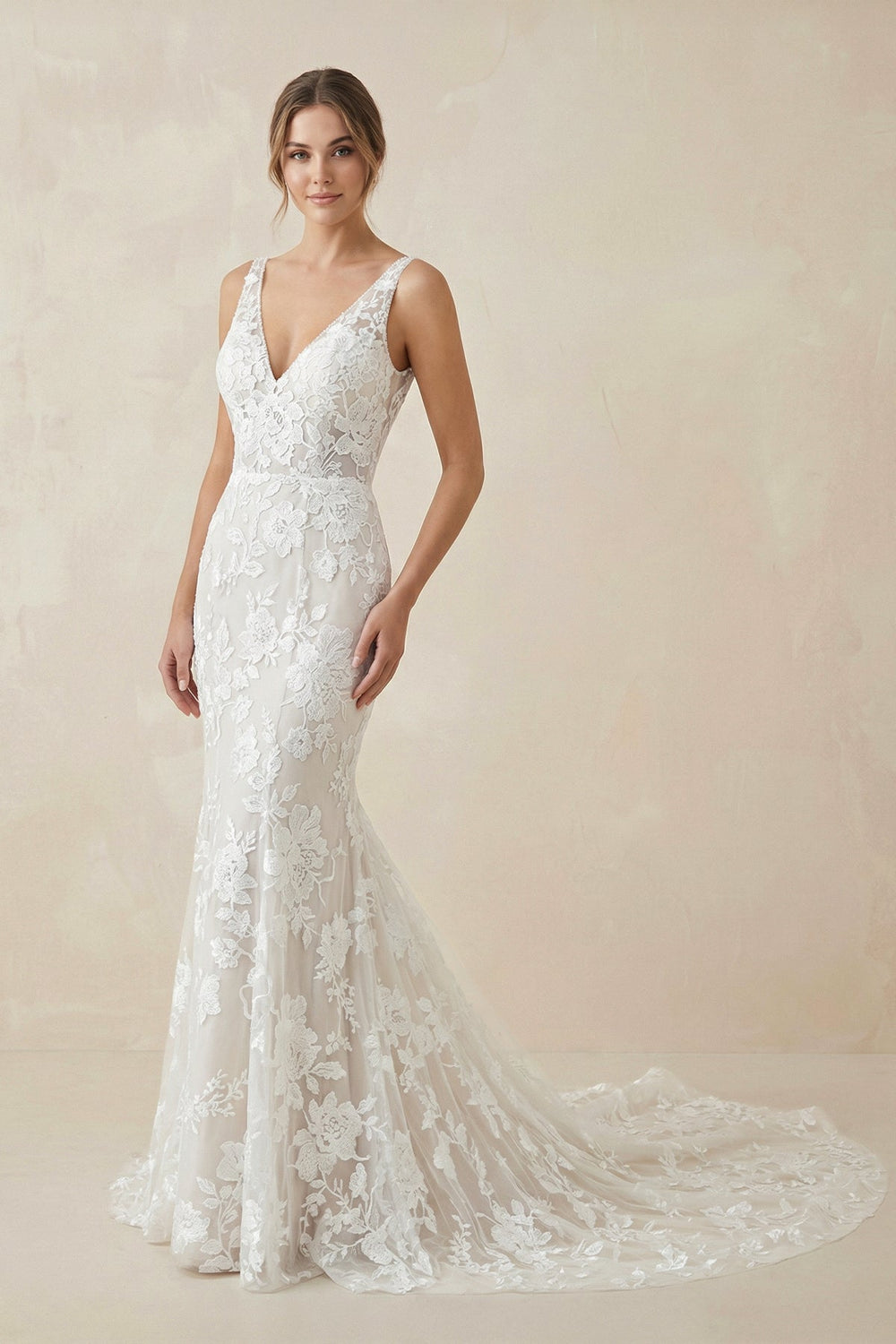 V Neck Mermaid Lace Wedding Dress in White and Nude - SHE IS ME Wedding Dresses