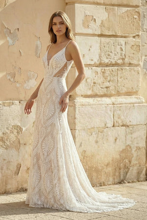 V Neck Mermaid Lace Wedding Dress in White and Nude - SHE IS ME Wedding Dresses