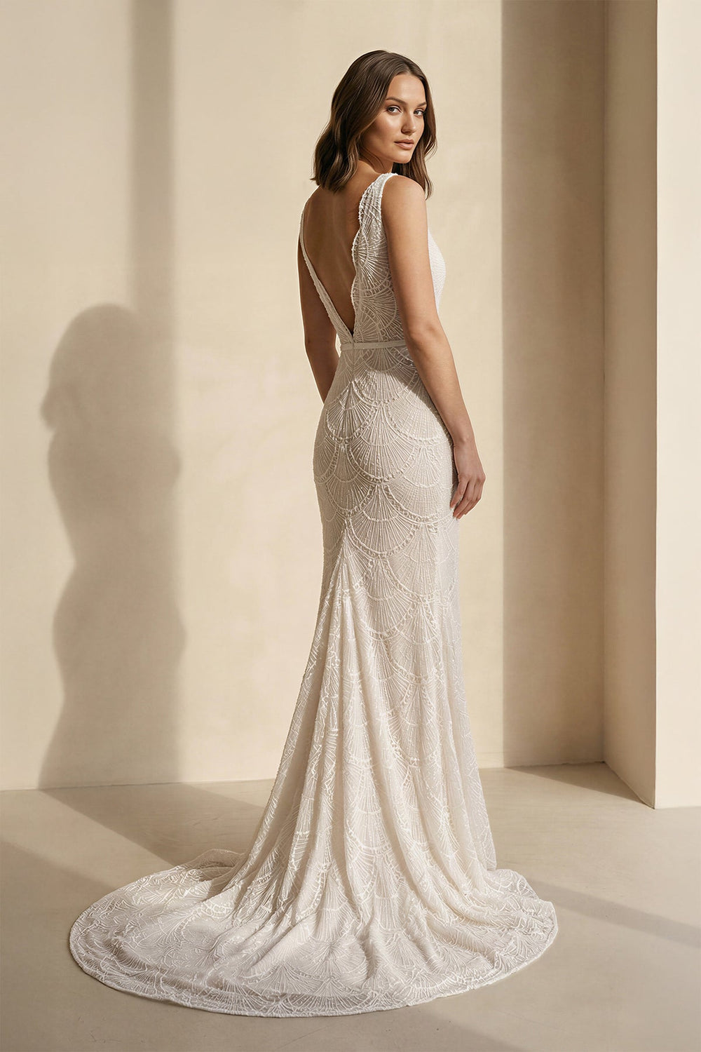 V Neck Mermaid Lace Wedding Dress in White and Nude - SHE IS ME Wedding Dresses