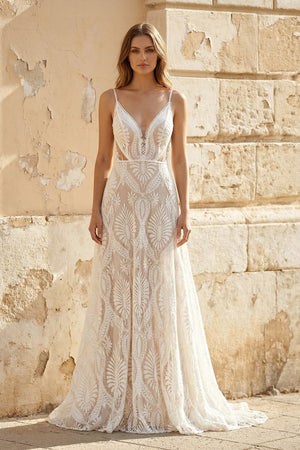 V Neck Mermaid Lace Wedding Dress in White and Nude - SHE IS ME Wedding Dresses