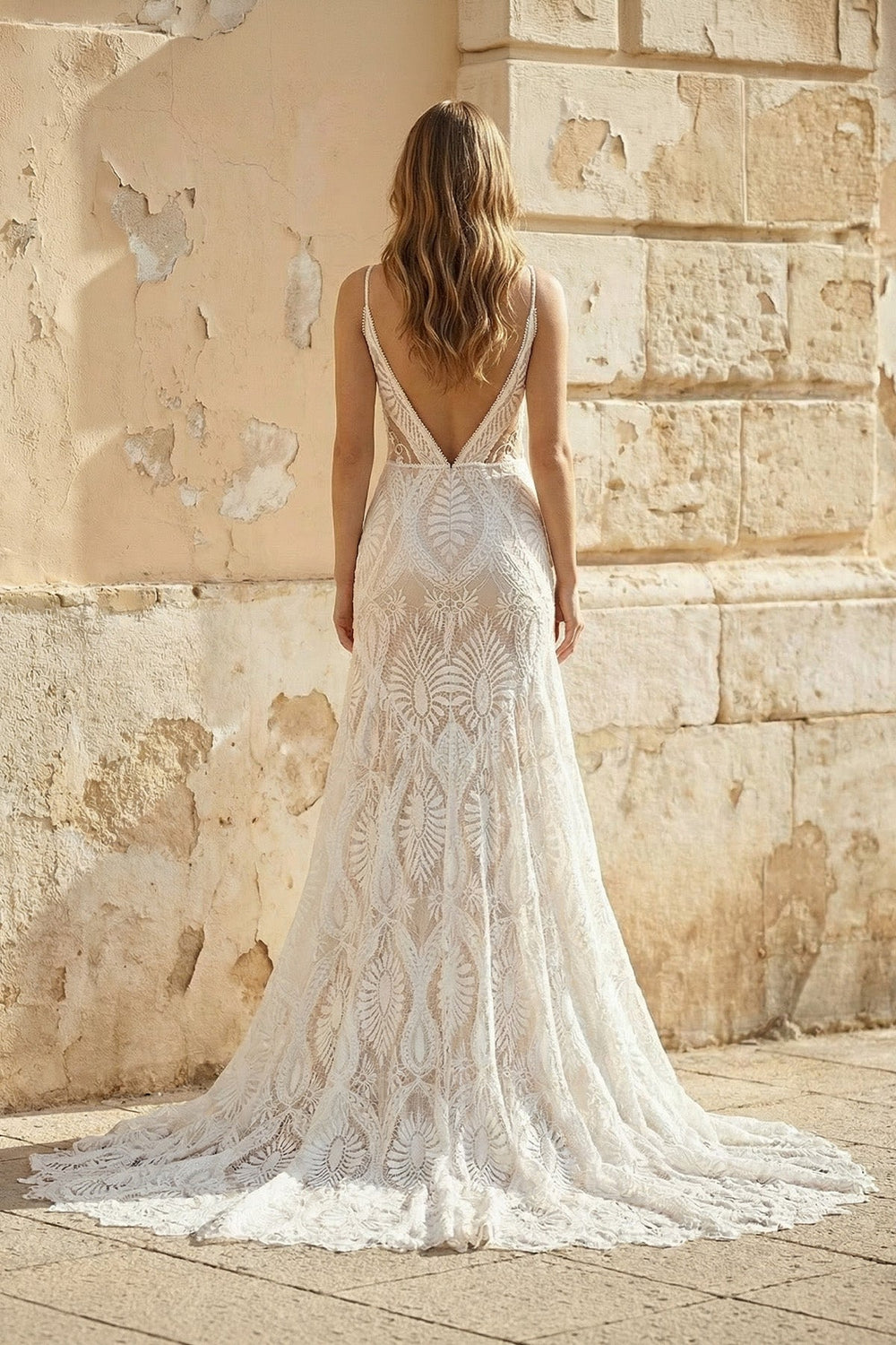 V Neck Mermaid Lace Wedding Dress in White and Nude - SHE IS ME Wedding Dresses