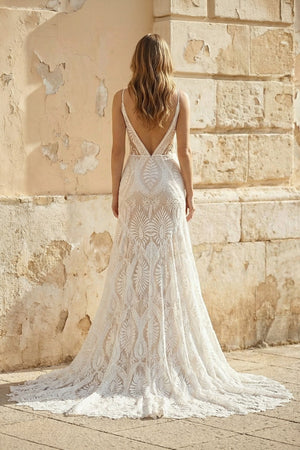 V Neck Mermaid Lace Wedding Dress in White and Nude - SHE IS ME Wedding Dresses