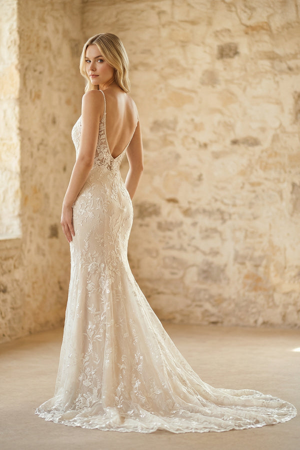V Neck Mermaid Lace Wedding Dress in White and Nude - SHE IS ME Wedding Dresses