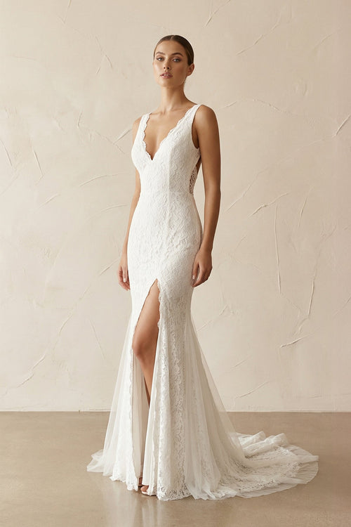 V - Neck Mermaid Lace Wedding Dress With Slit in Ivory - SHE IS ME Wedding Dresses